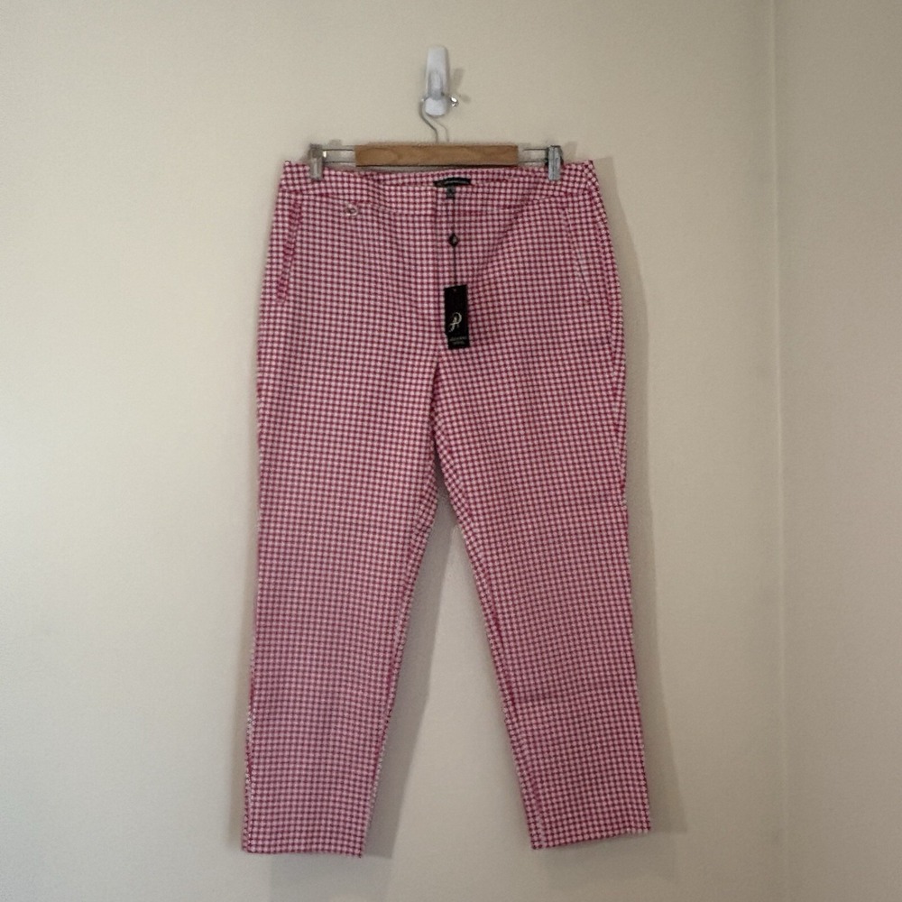 Adrianna Papell Womens Gingham Pants 14 Pink Straight Leg Preppy Coastal Stretch
